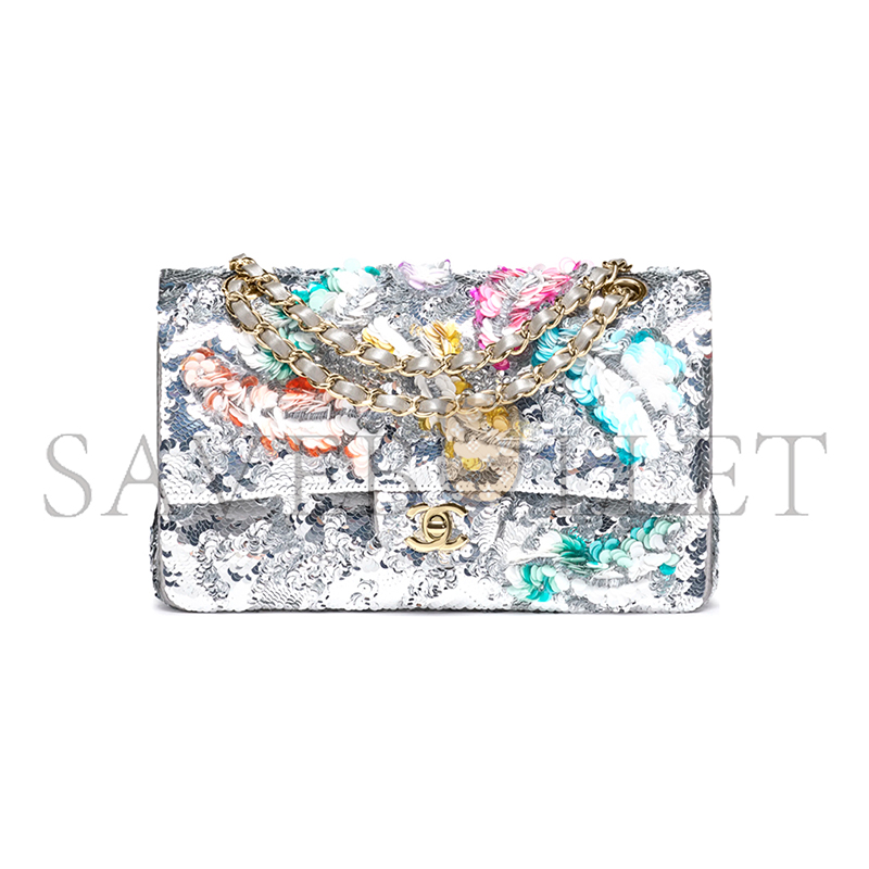 Ch*el classic 11.12 handbag embroidered satin, sequins, glass pearls a01112 (25.5*15.5*6.5cm)